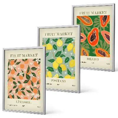 Set de 3 cuadros para salón con diseño de frutas cítricas tropicales retro