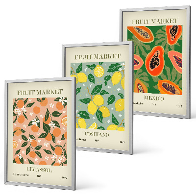 Set de 3 cuadros para salón Frutas cítricas tropicales retro
