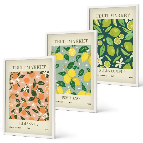Juego de 3 cuadros con motivos de patrones florales y cítricos frutales