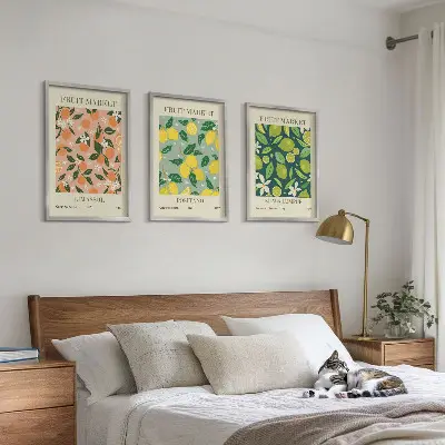 Juego de 3 cuadros con motivos de patrones florales y cítricos frutales