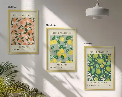 Juego de 3 cuadros con motivos de patrones florales y cítricos frutales