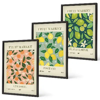 Juego de 3 cuadros con motivos de patrones florales y cítricos frutales