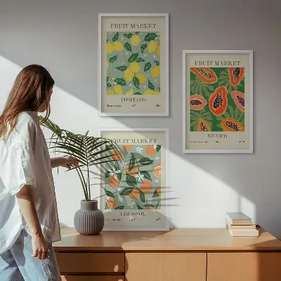 Set de 3 cuadros para salón con diseño de carteles de frutas como limones y papayas