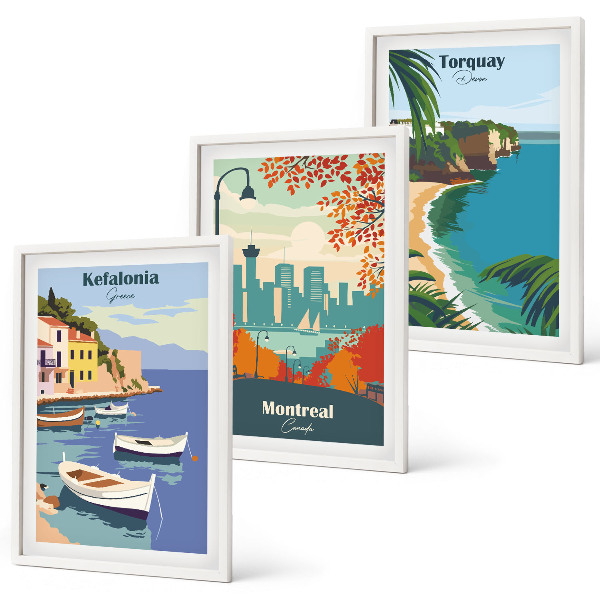 Juego de 3 cuadros Paisajes urbanos de Grecia, Canadá y Australia.