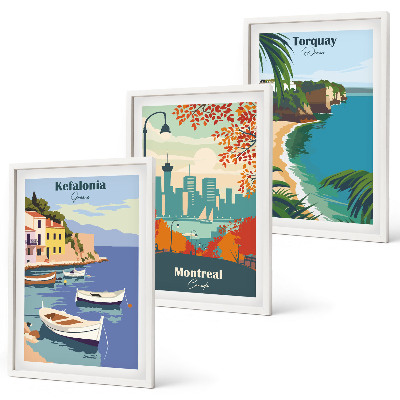Juego de 3 cuadros Paisajes urbanos de Grecia, Canadá y Australia.