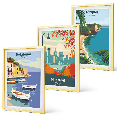 Juego de 3 cuadros Paisajes urbanos de Grecia, Canadá y Australia.