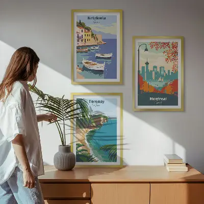 Juego de 3 cuadros de paisajes urbanos de Grecia, Canadá y Australia