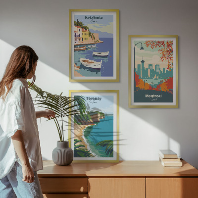 Juego de 3 cuadros Paisajes urbanos de Grecia, Canadá y Australia.