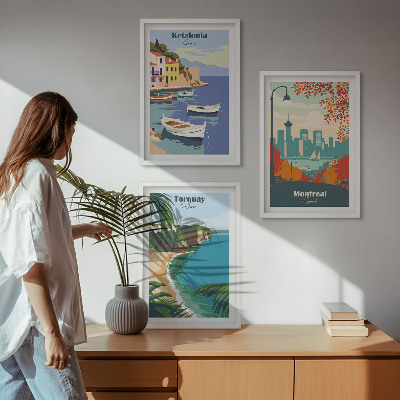 Juego de 3 cuadros Paisajes urbanos de Grecia, Canadá y Australia.