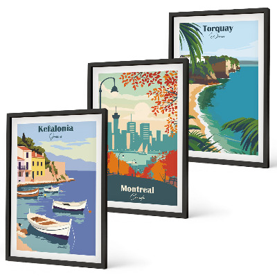 Juego de 3 cuadros Paisajes urbanos de Grecia, Canadá y Australia.