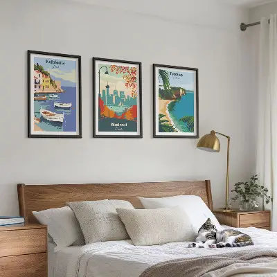 Juego de 3 cuadros de paisajes urbanos de Grecia, Canadá y Australia