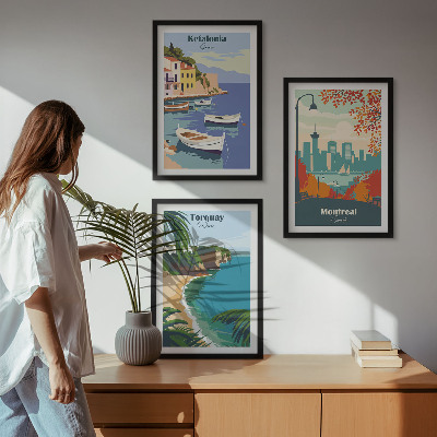 Juego de 3 cuadros Paisajes urbanos de Grecia, Canadá y Australia.