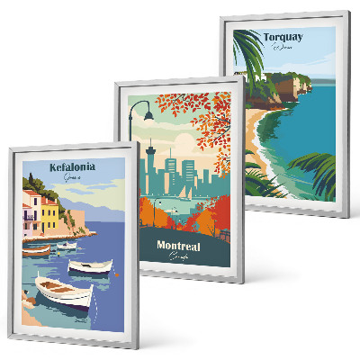 Juego de 3 cuadros Paisajes urbanos de Grecia, Canadá y Australia.