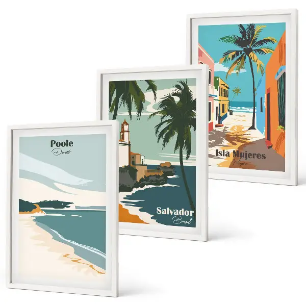 Set de 3 cuadros para salón con diseño de playas tropicales y palmeras