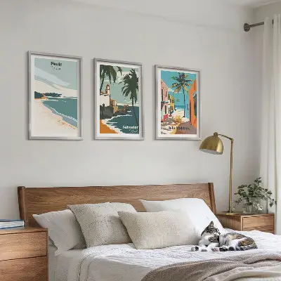 Set de 3 cuadros para salón con diseño de playas tropicales y palmeras