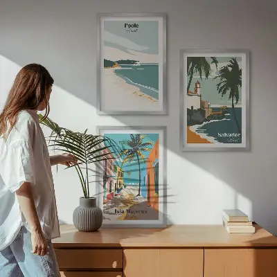Set de 3 cuadros para salón con diseño de playas tropicales y palmeras