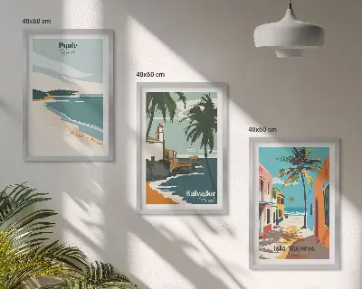 Set de 3 cuadros para salón con diseño de playas tropicales y palmeras