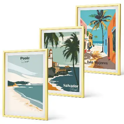 Set de 3 cuadros para salón con diseño de playas tropicales y palmeras