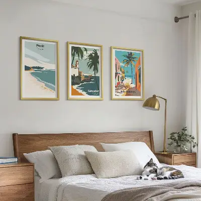 Set de 3 cuadros para salón con diseño de playas tropicales y palmeras