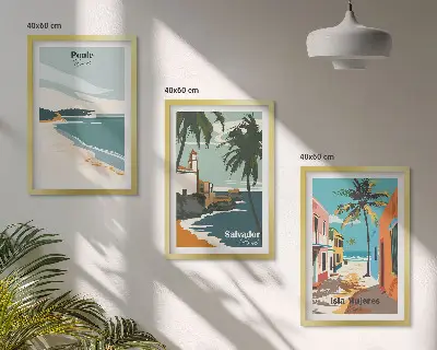 Set de 3 cuadros para salón con diseño de playas tropicales y palmeras