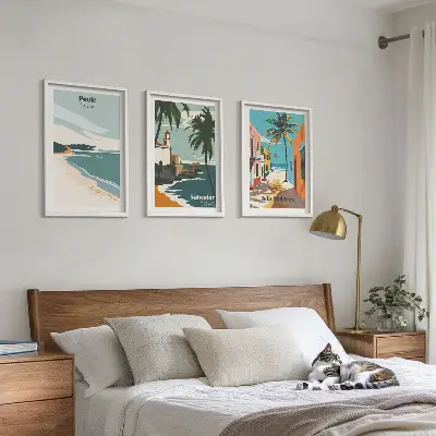 Set de 3 cuadros para salón con diseño de playas tropicales y palmeras