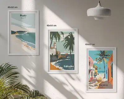 Set de 3 cuadros para salón con diseño de playas tropicales y palmeras