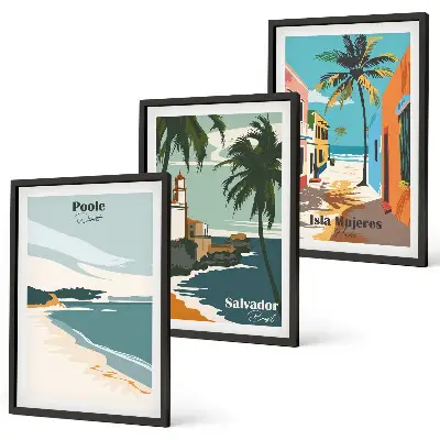 Set de 3 cuadros para salón con diseño de playas tropicales y palmeras