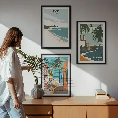Set de 3 cuadros para salón con diseño de playas tropicales y palmeras