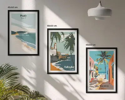 Set de 3 cuadros para salón con diseño de playas tropicales y palmeras