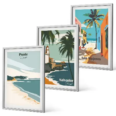 Set de 3 cuadros para salón con diseño de playas tropicales y palmeras