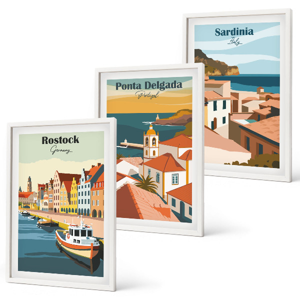 Juego de 3 cuadros Vistas de ciudades costeras europeas