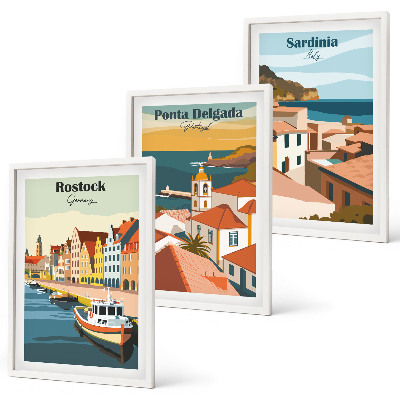 Juego de 3 cuadros Vistas de ciudades costeras europeas