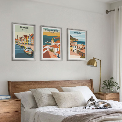 Juego de 3 cuadros Vistas de ciudades costeras europeas