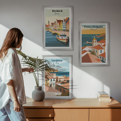 Juego de 3 cuadros Vistas de ciudades costeras europeas