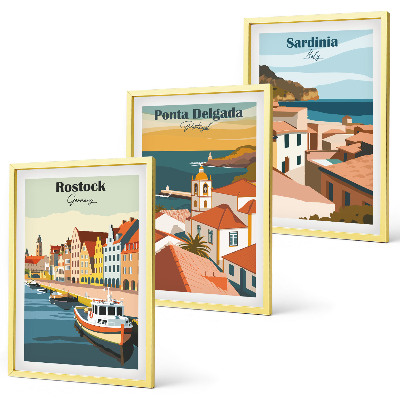 Juego de 3 cuadros Vistas de ciudades costeras europeas
