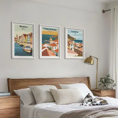 Juego de 3 cuadros con vistas de ciudades costeras europeas