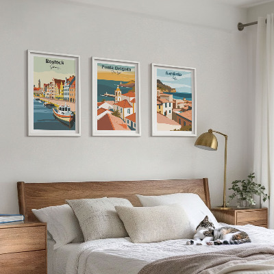 Juego de 3 cuadros Vistas de ciudades costeras europeas