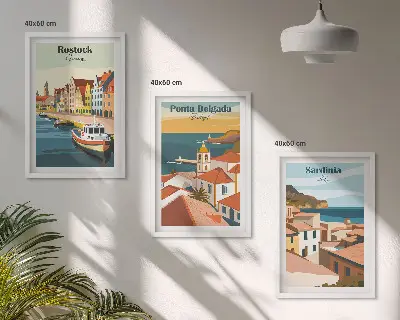 Juego de 3 cuadros con vistas de ciudades costeras europeas