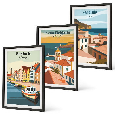Juego de 3 cuadros Vistas de ciudades costeras europeas