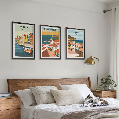 Juego de 3 cuadros Vistas de ciudades costeras europeas