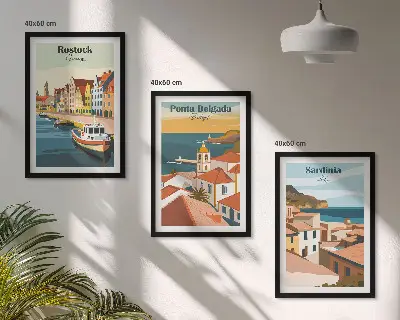 Juego de 3 cuadros con vistas de ciudades costeras europeas