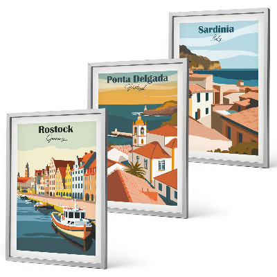 Juego de 3 cuadros Vistas de ciudades costeras europeas