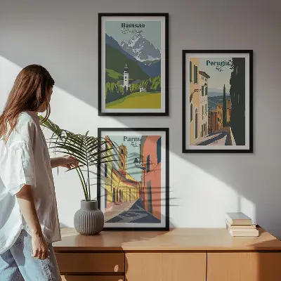 Set de 3 cuadros para salón con paisajes de montaña e Italia