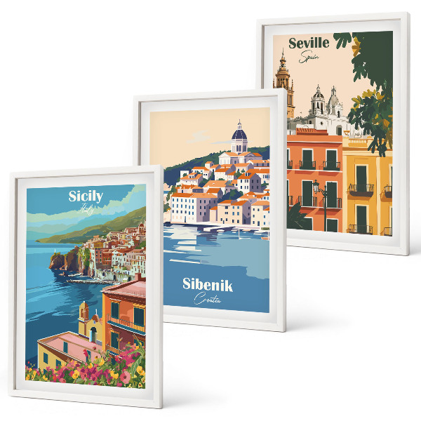 Juego de 3 cuadros Paisajes urbanos con edificios