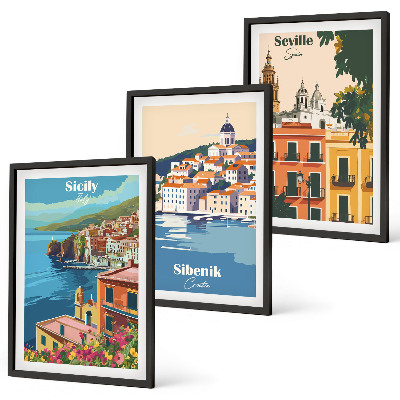 Juego de 3 cuadros Paisajes urbanos con edificios