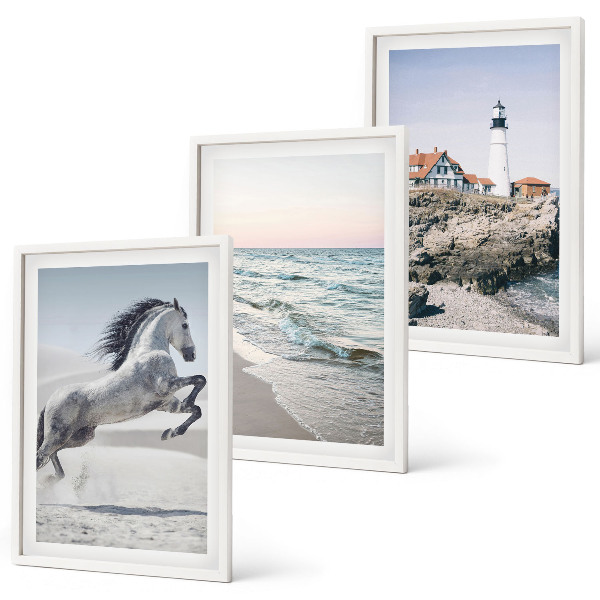Set de 3 cuadros para salón Caballos playa faro olas