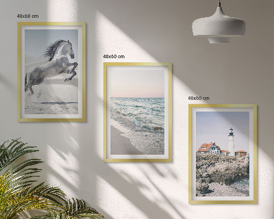 Set de 3 cuadros para salón Caballos playa faro olas