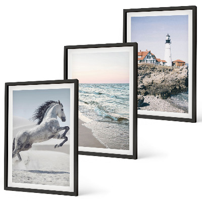 Set de 3 cuadros para salón Caballos playa faro olas