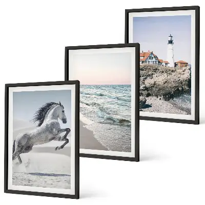 Set de 3 cuadros decorativos para salón con diseño de caballos en la playa con faro y olas