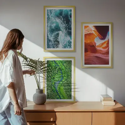 Juego de 3 cuadros paisaje de cañón con movimiento de agua en bosque verde